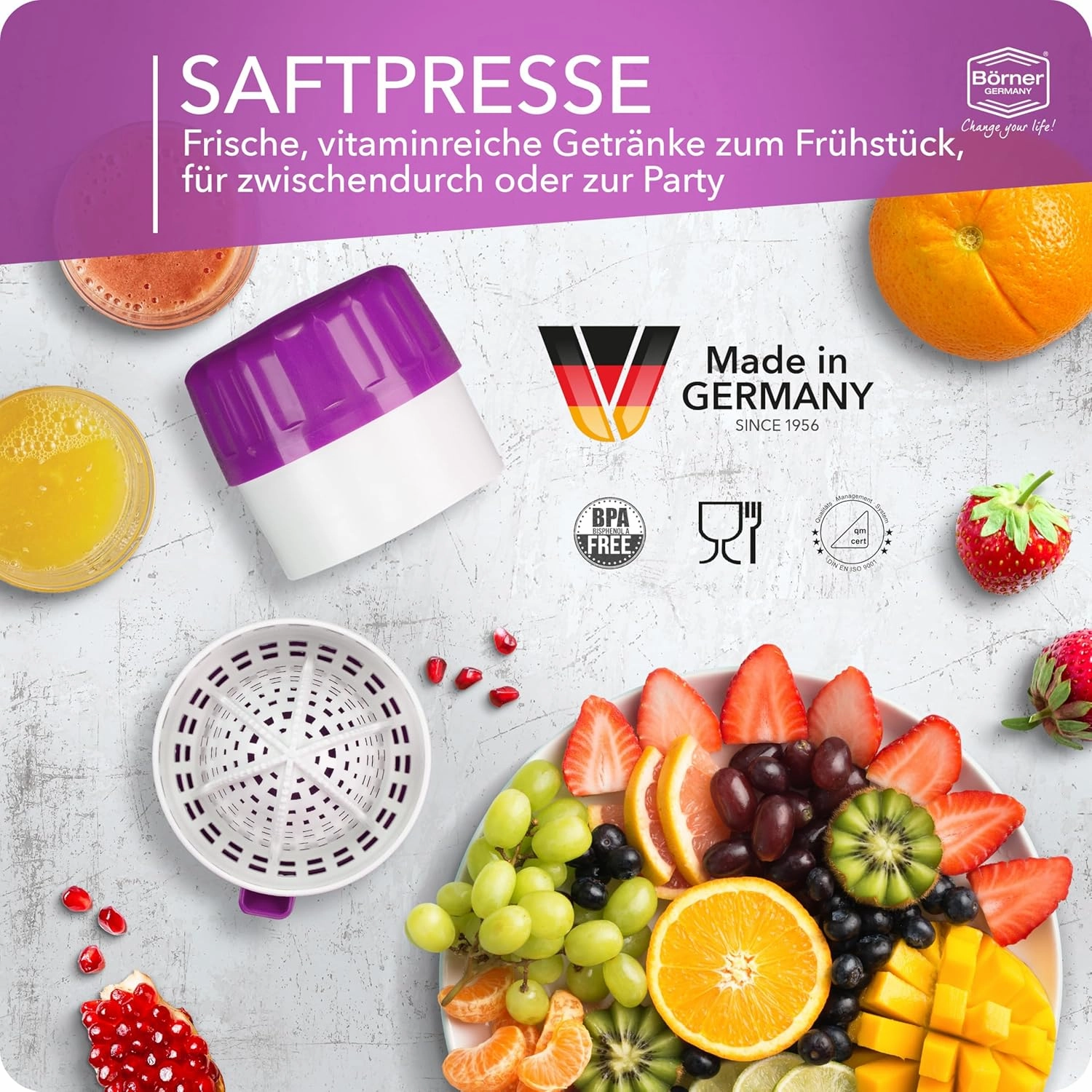 Juice Press • Citrus Press for Fresh Fruit/Vegetable Juices • Juicer with Juice Container • Manual Lemon & Orange Press • Citrus Juicer • Fruit Squeezer • Color: Purple