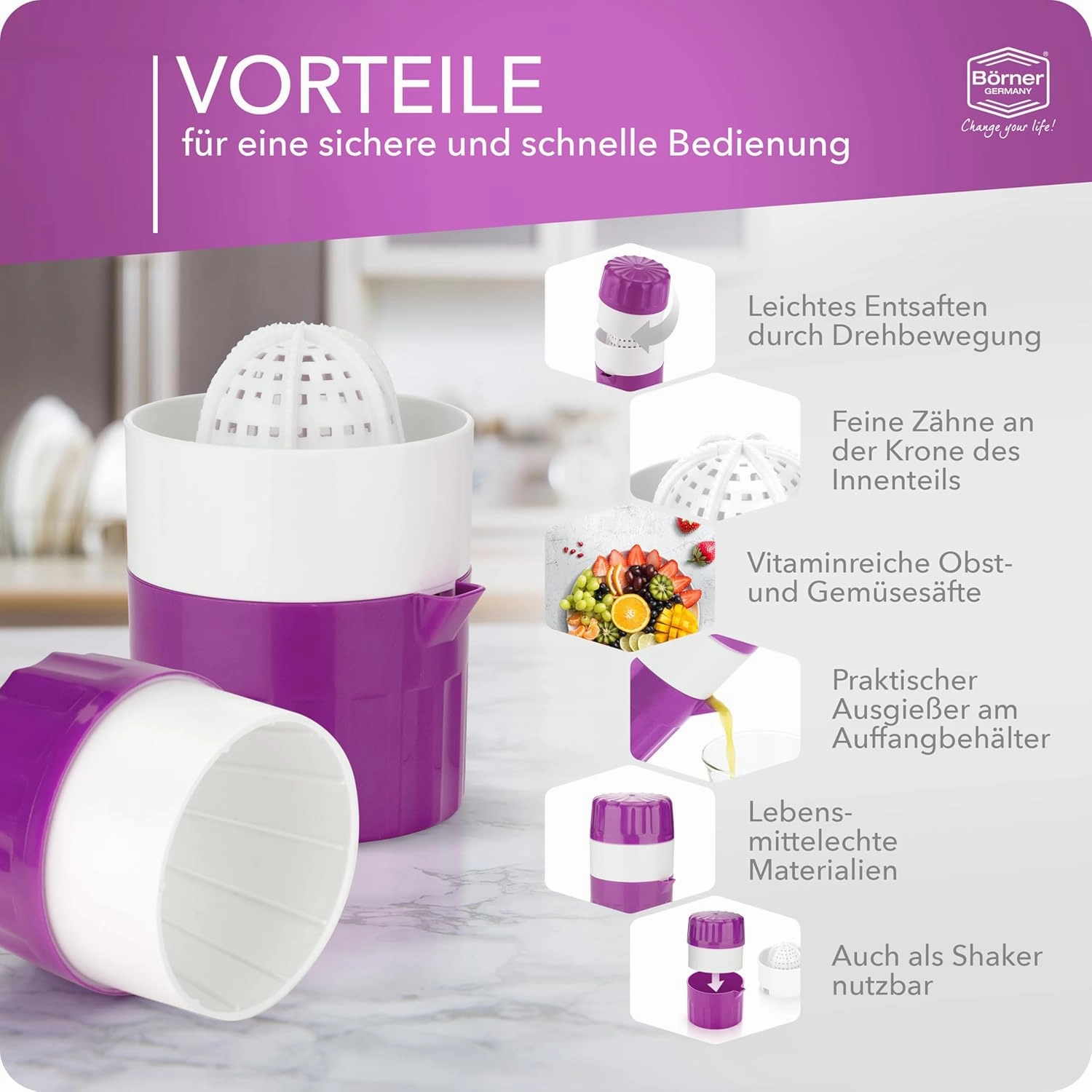 Juice Press • Citrus Press for Fresh Fruit/Vegetable Juices • Juicer with Juice Container • Manual Lemon & Orange Press • Citrus Juicer • Fruit Squeezer • Color: Purple