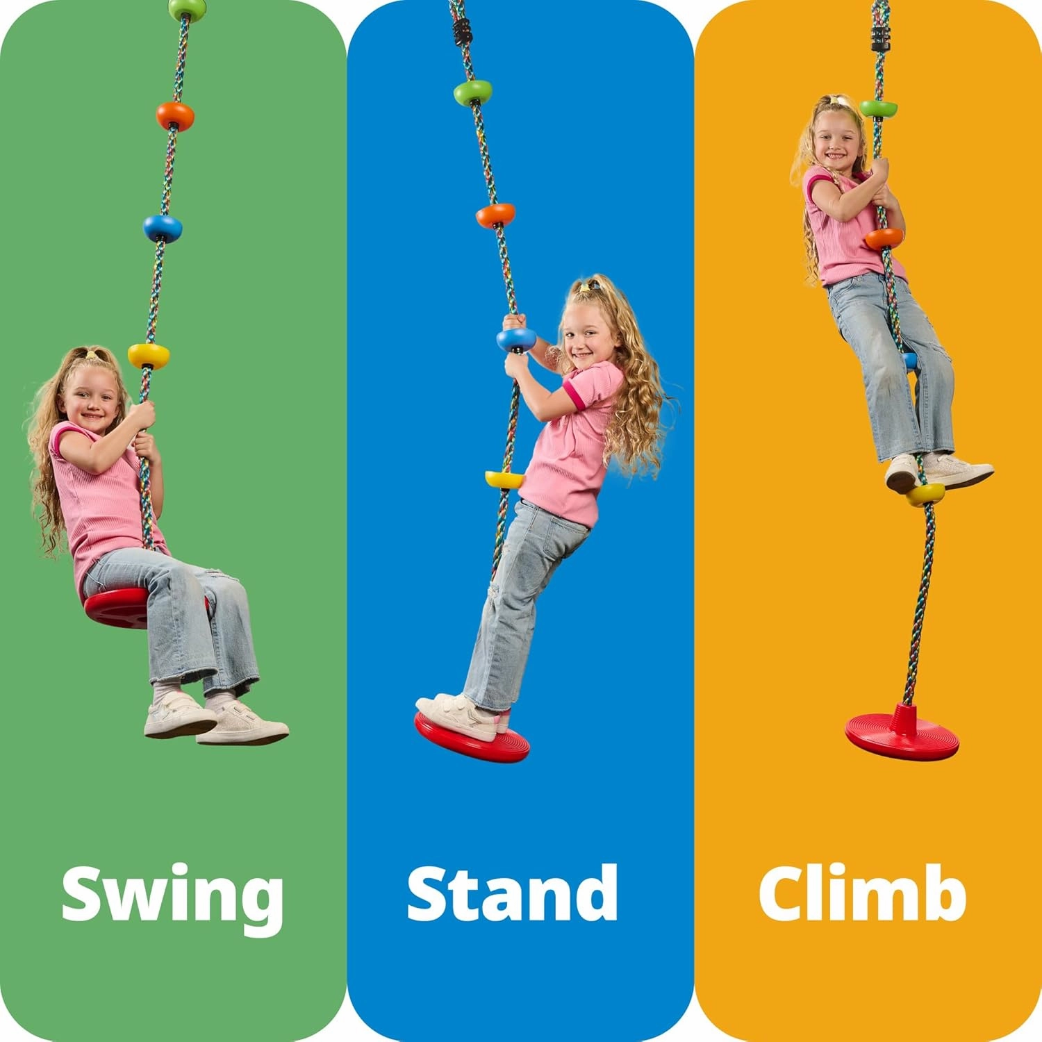 Jungle Gym Kingdom Tree Swing for Kids - Single Disc Seat and Rainbow Climbing Rope Set w/Carabiner and 4 Foot Strap - Treehouse and Outdoor Playground Accessories - Red