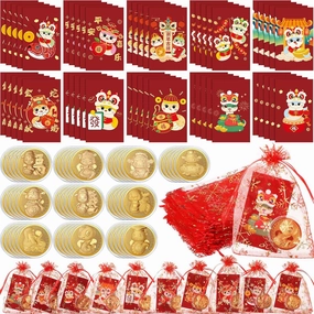Junkin 50 Set Chinese New Year Gift Snake Lucky Coins Red Commemorative Cards 2025 Lunar New Year Gift Feng Shui Red Packet Lucky Contains Chinese Snake Feng Shui Coins with Bag(Cute Style)