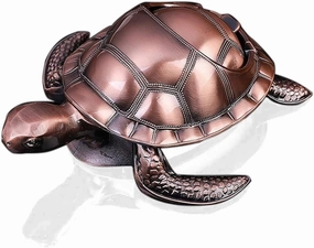 K COOL Outdoor Ashtray with Lid, Smokeless Waterproof Ash Tray with Cute Turtle Decor, Metal for Cigarettes, Home Office, Porch Patio Decorations (Red Copper)