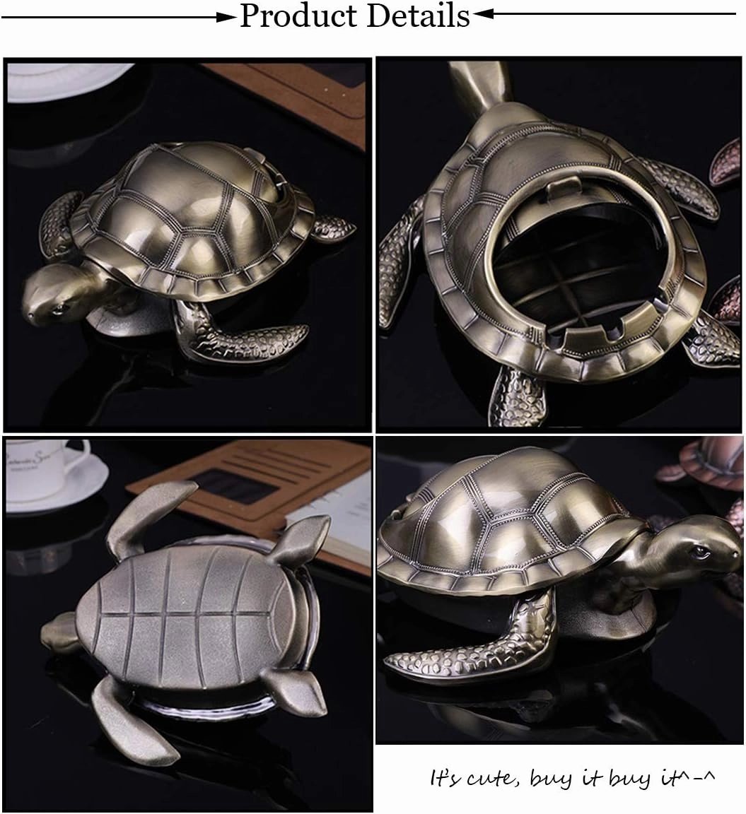 K COOL Outdoor Ashtray with Lid, Smokeless Waterproof Ash Tray with Cute Turtle Decor, Metal for Cigarettes, Home Office, Porch Patio Decorations (Red Copper)