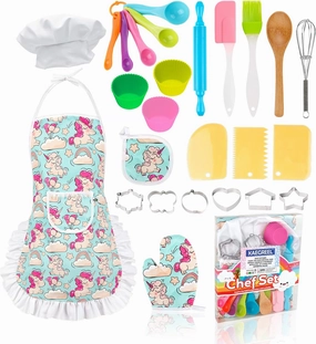 KAEGREEL Kids Baking Chef Set with Unicorn Apron and Mitt, 26pcs Kitchen Toys Kid Cooking Set with Chef Hat Spoons Whisk, Chef Supplies Role Play Gifts for Girls Boys Aged 3 4 5 6 7 8 Years Old
