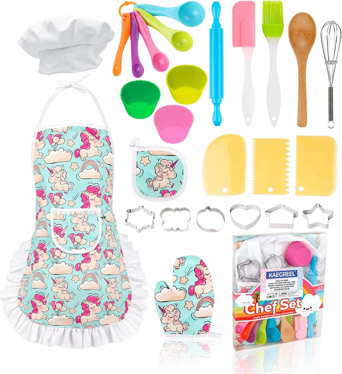 KAEGREEL Kids Baking Chef Set with Unicorn Apron and Mitt, 26pcs Kitchen Toys Kid Cooking Set with Chef Hat Spoons Whisk, Chef Supplies Role Play Gifts for Girls Boys Aged 3 4 5 6 7 8 Years Old