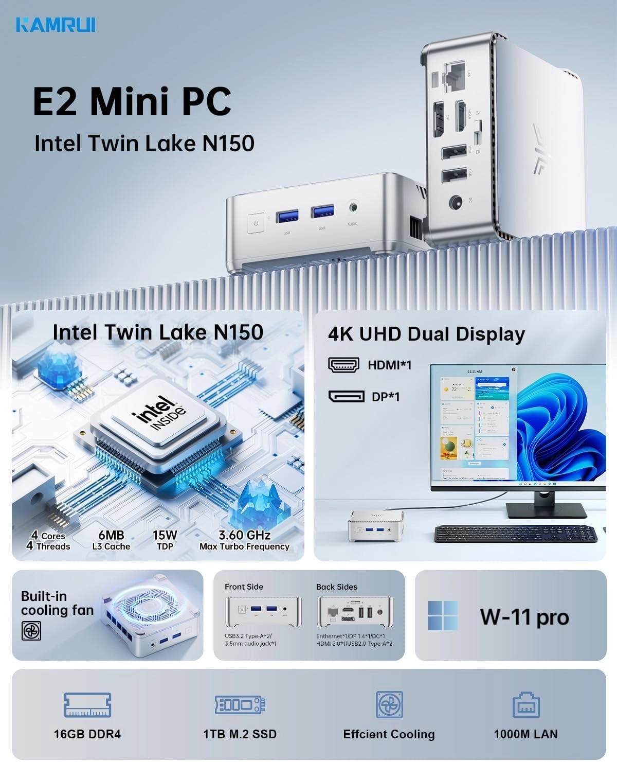 KAMRUI E2 Mini PC,11 Pro Intel Twin Lake N150 Mini Computer,16GB RAM 1TB M.2 SSD,Micro PC Support 4K Display/USB3.2/WiFi/BT/Gigabit Ethernet Mini PC Home/Office