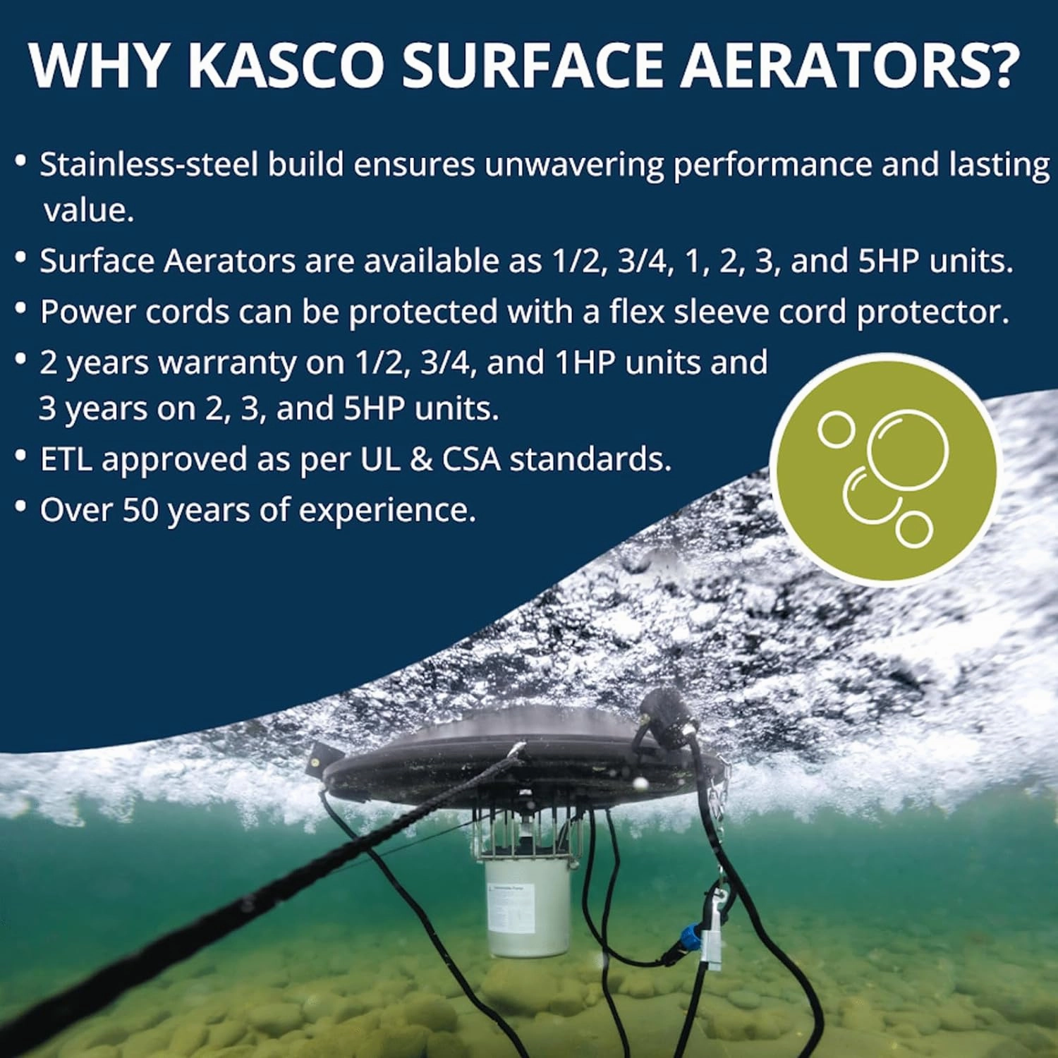 Kasco 3/4HP Surface Aerator -120V with 100 ft Electric Power Cord | Efficient Surface Aeration for Lakes & Pond | Maximum Circulation for Clear Healthy Water