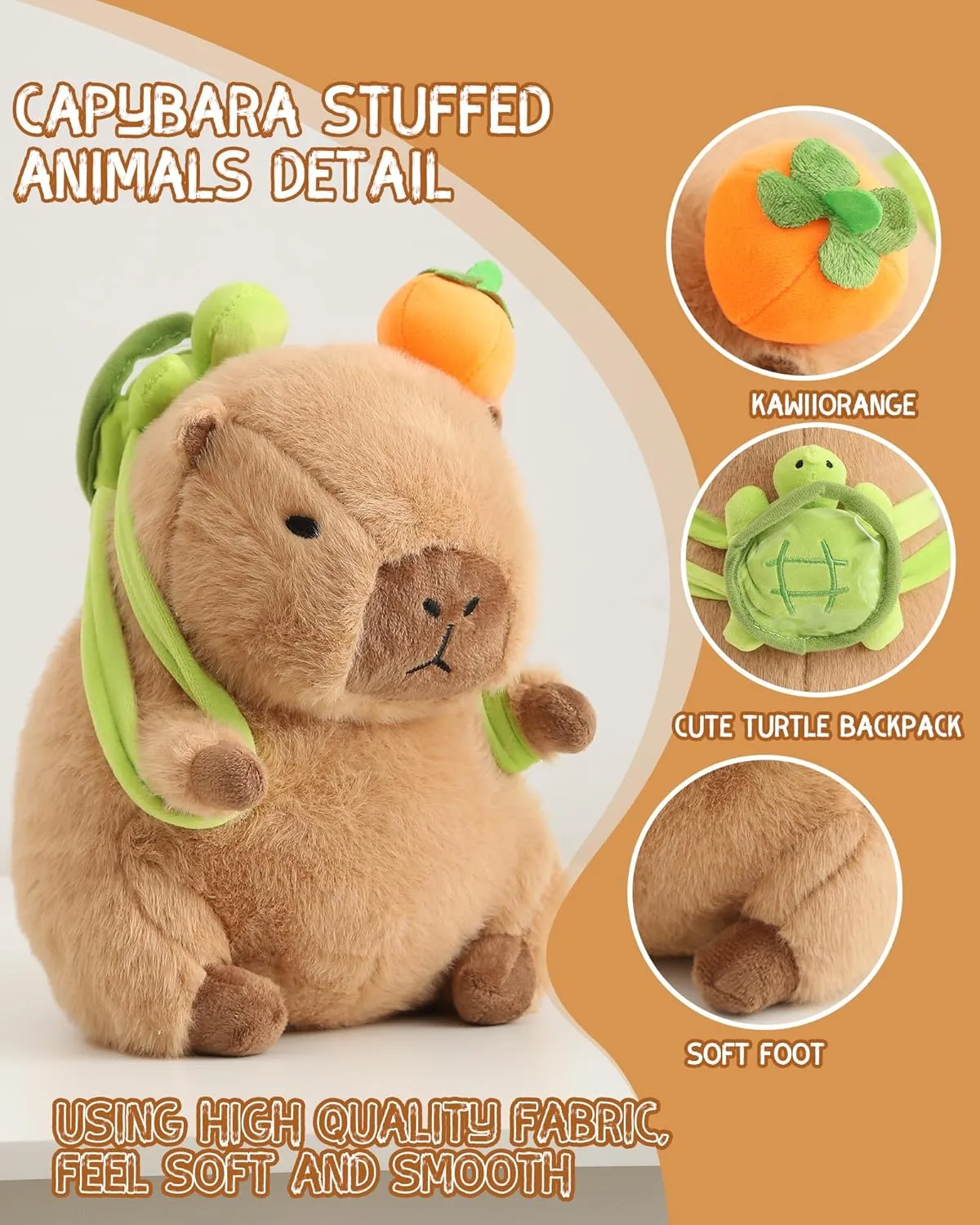 Kawaii Cute Capybara Plush with Turtle Backpack Soft Orange Capybara Stuffed Animal Capybara Plush Pillow Toy Birthday Gifts for Kids Boys Girls 12 inch