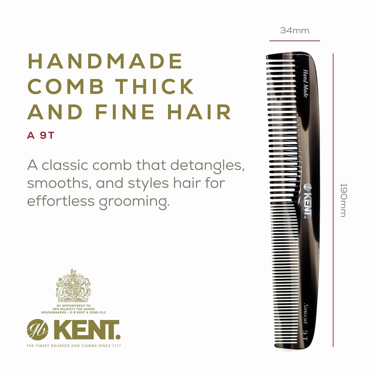 Kent 9T Graphite Fine Tooth and Wide Tooth Detangler Hair Combs - Large Handmade and Saw-Cut Dressing Comb - Wet Hair Comb for Women and Durable Grooming Comb for Men Made in England