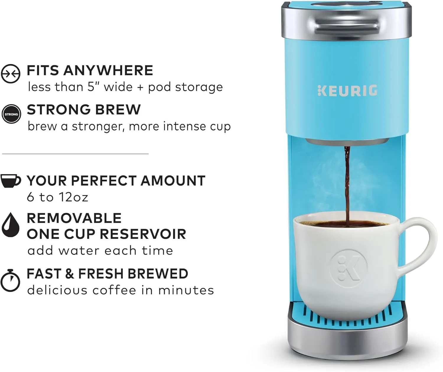 Keurig K-Mini Plus Single Serve K-Cup Pod Coffee Maker, with 6 to 12oz Brew Size, Stores up to 9 K-Cup Pods, Travel Mug Friendly, 1500 watts, Cool Aqua
