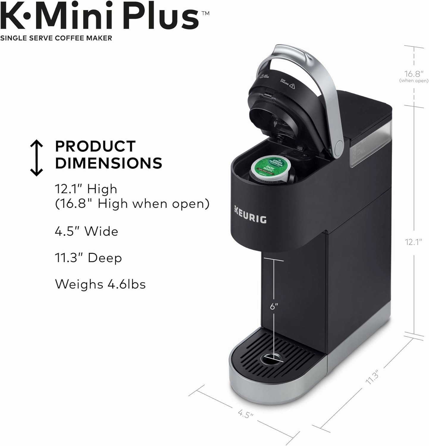 Keurig K-Mini Plus Single Serve K-Cup Pod Coffee Maker, with 6 to 12oz Brew Size, Stores up to 9 K-Cup Pods, Travel Mug Friendly, Matte White