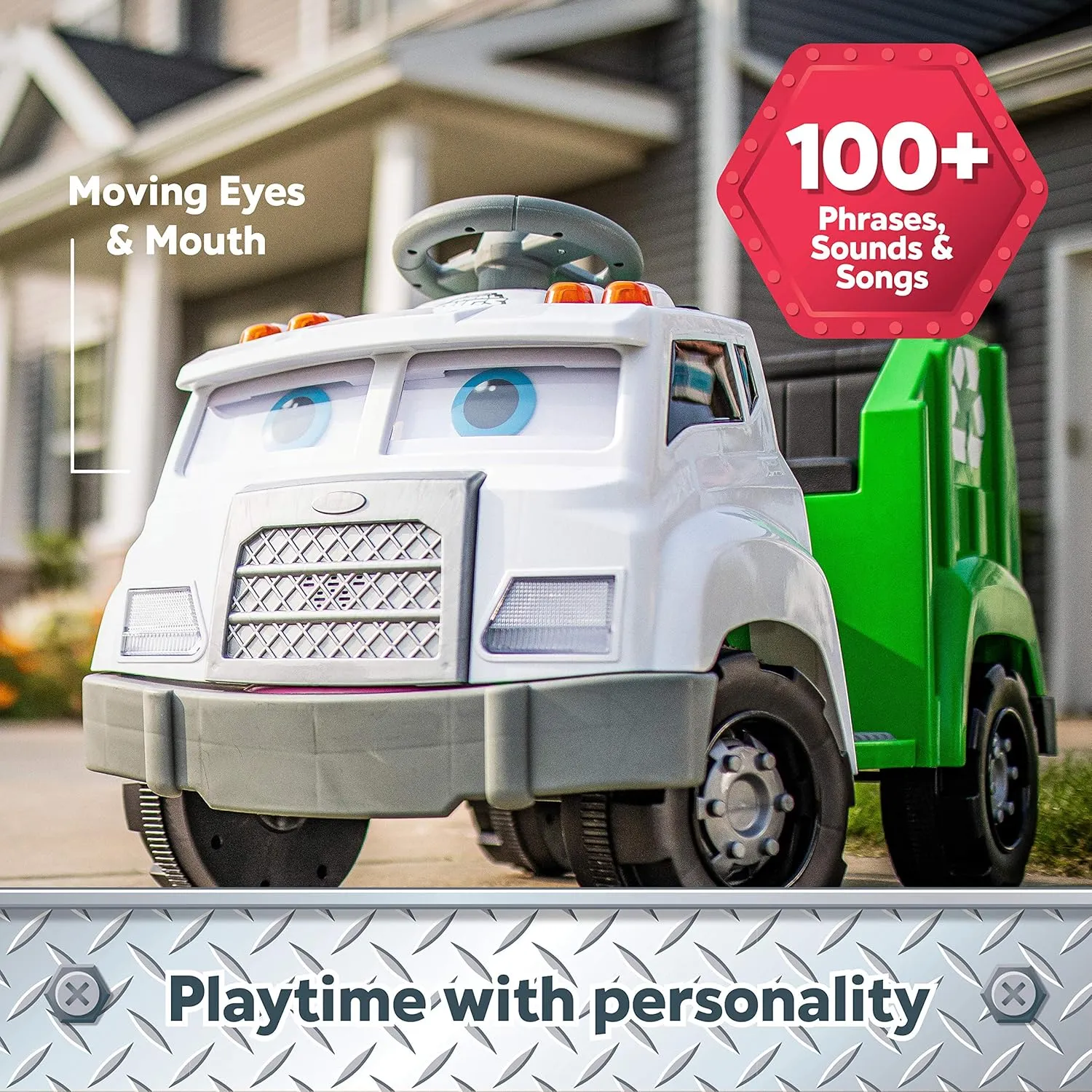 Kid Trax Real Rigs Toddler Recycling Truck Interactive Ride On Toy, Kids Ages 1.5-4 Years, 6 Volt Battery and Charger, Sound Effects, 9 Recycling Accessories Included,Green