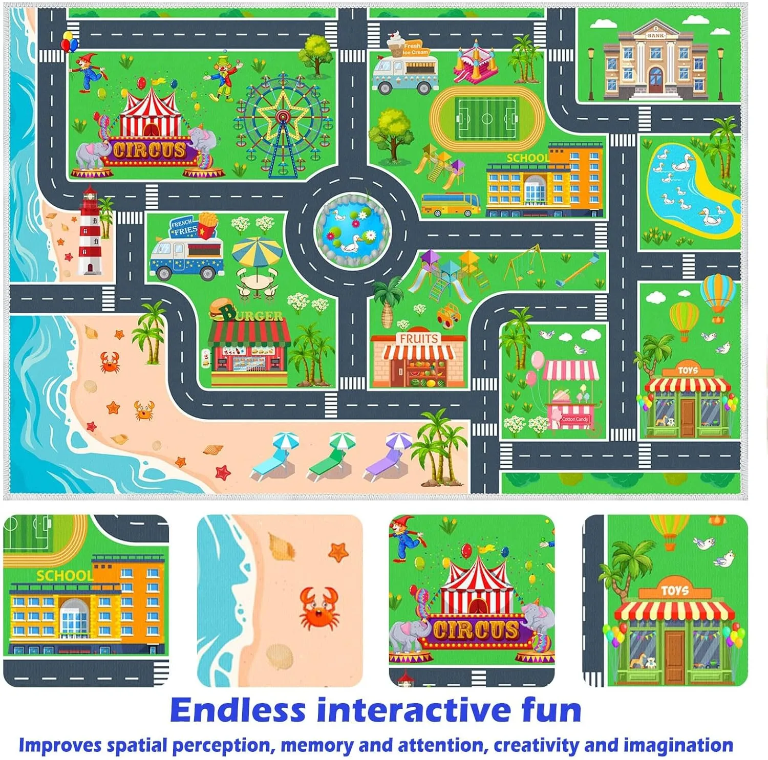 Kids Carpet Playmat Car Rug, Car Rug for Kids Toy Cars and Train, Non Slip Play Mat for Playroom Kids Room, City Life Educational Road Traffic Carpet for Classroom Nursery(Green,31×47in)