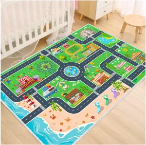 Kids Carpet Playmat Car Rug, Car Rug for Kids Toy Cars and Train, Non Slip Play Mat for Playroom Kids Room, City Life Educational Road Traffic Carpet for Classroom Nursery(Green,31×47in)