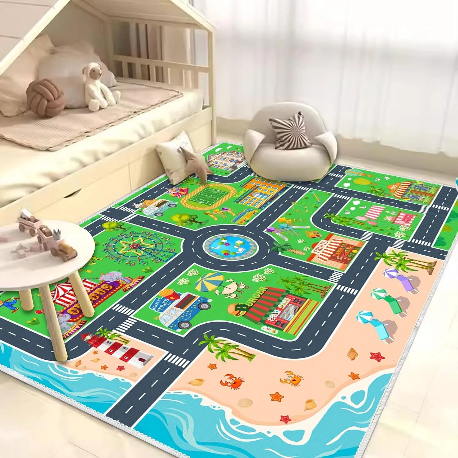 Kids Carpet Playmat Car Rug, Car Rug for Kids Toy Cars and Train, Non Slip Play Mat for Playroom Kids Room, City Life Educational Road Traffic Carpet for Classroom Nursery(Green,31×47in)