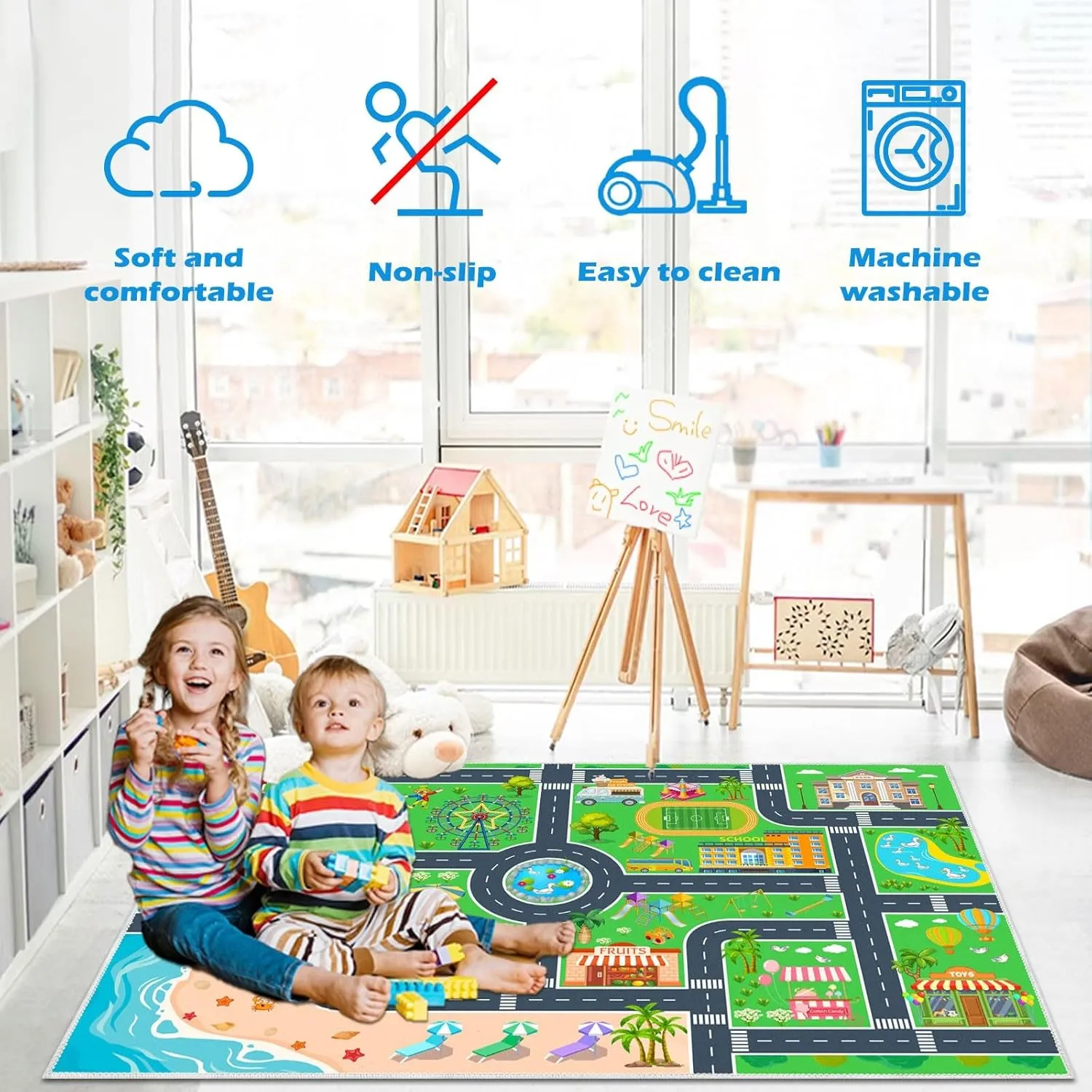 Kids Carpet Playmat Car Rug, Car Rug for Kids Toy Cars and Train, Non Slip Play Mat for Playroom Kids Room, City Life Educational Road Traffic Carpet for Classroom Nursery(Green,31×47in)
