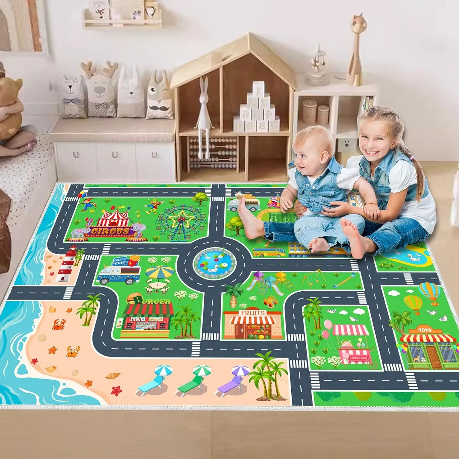 Kids Carpet Playmat Car Rug, Car Rug for Kids Toy Cars and Train, Non Slip Play Mat for Playroom Kids Room, City Life Educational Road Traffic Carpet for Classroom Nursery(Green,31×47in)