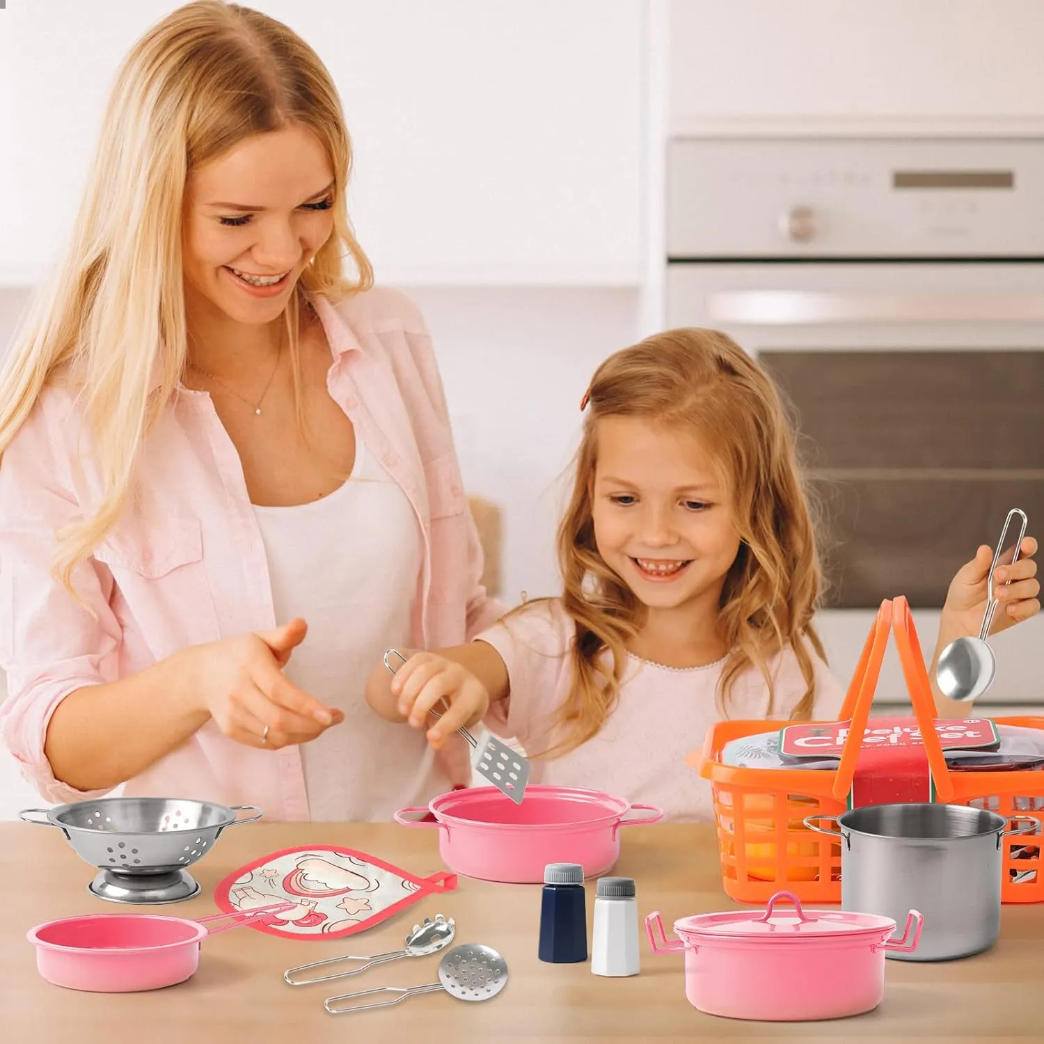 Kids Play Kitchen Toy Accessories Set Toddler Cooking Playset for Girls Boys Including Colorful Pots and Pans (Pink)