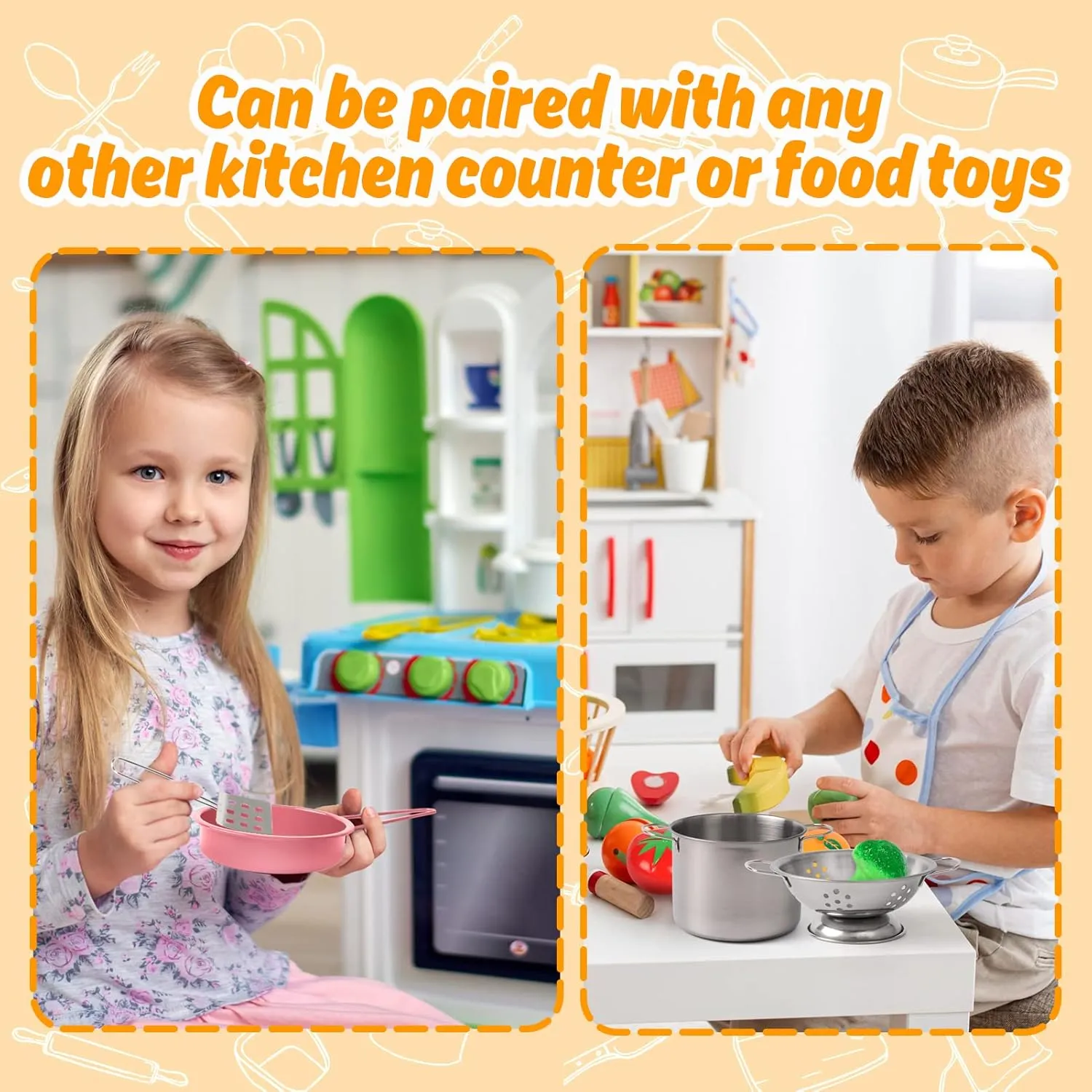 Kids Play Kitchen Toy Accessories Set Toddler Cooking Playset for Girls Boys Including Colorful Pots and Pans (Pink)