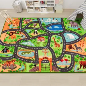 Kids Rug Playmat, 59"X39.4" Animal Zoo Road Map for Toy Cars, Non-Slip Carpet for Playroom Bedroom Boys, Play Mat Track for Kids