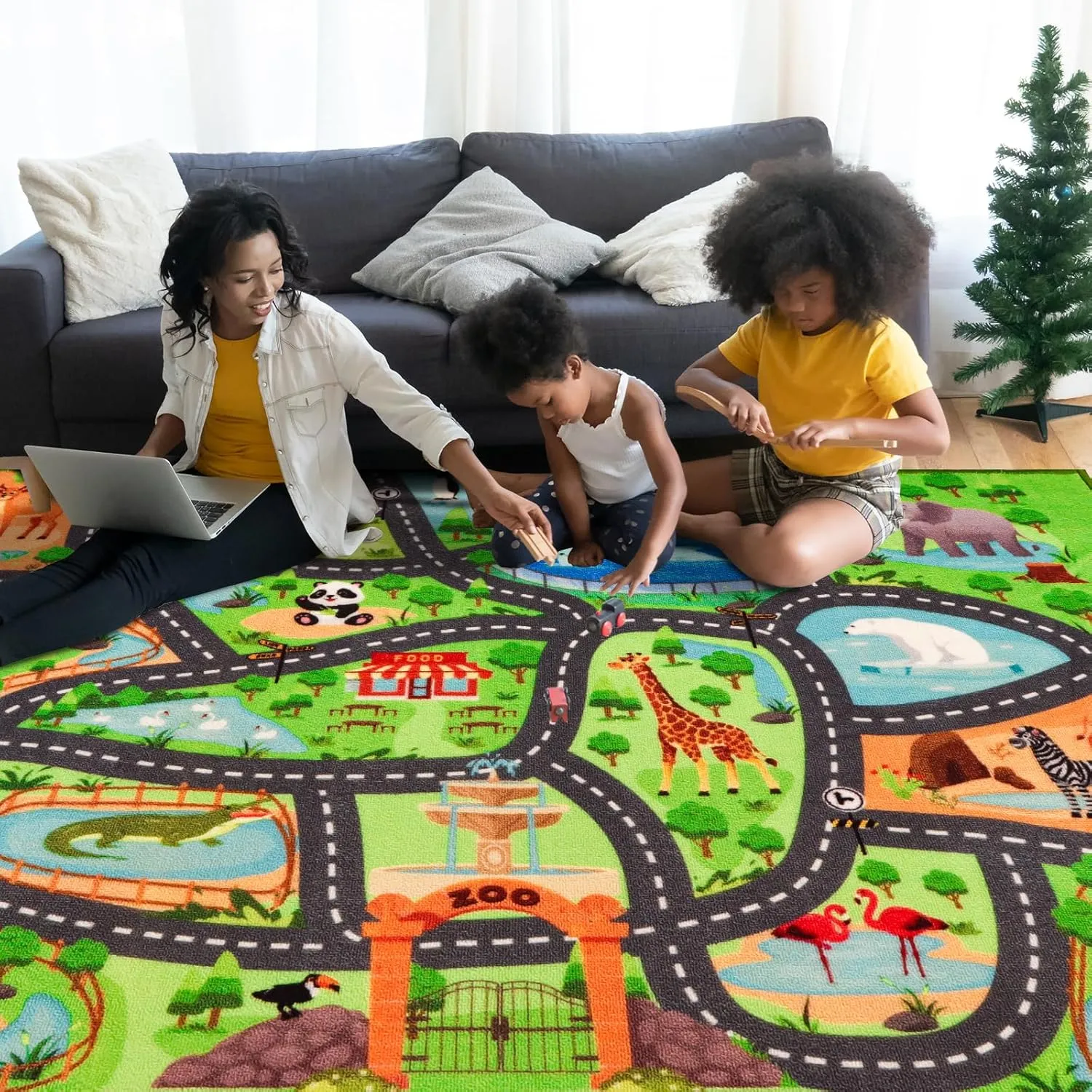 Kids Rug Playmat, 59"X39.4" Animal Zoo Road Map for Toy Cars, Non-Slip Carpet for Playroom Bedroom Boys, Play Mat Track for Kids