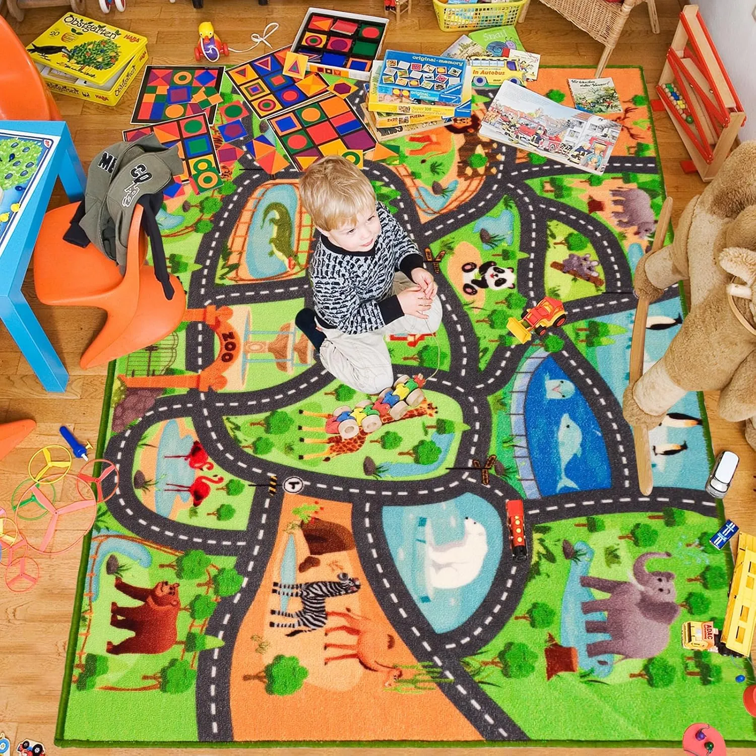 Kids Rug Playmat, 59"X39.4" Animal Zoo Road Map for Toy Cars, Non-Slip Carpet for Playroom Bedroom Boys, Play Mat Track for Kids