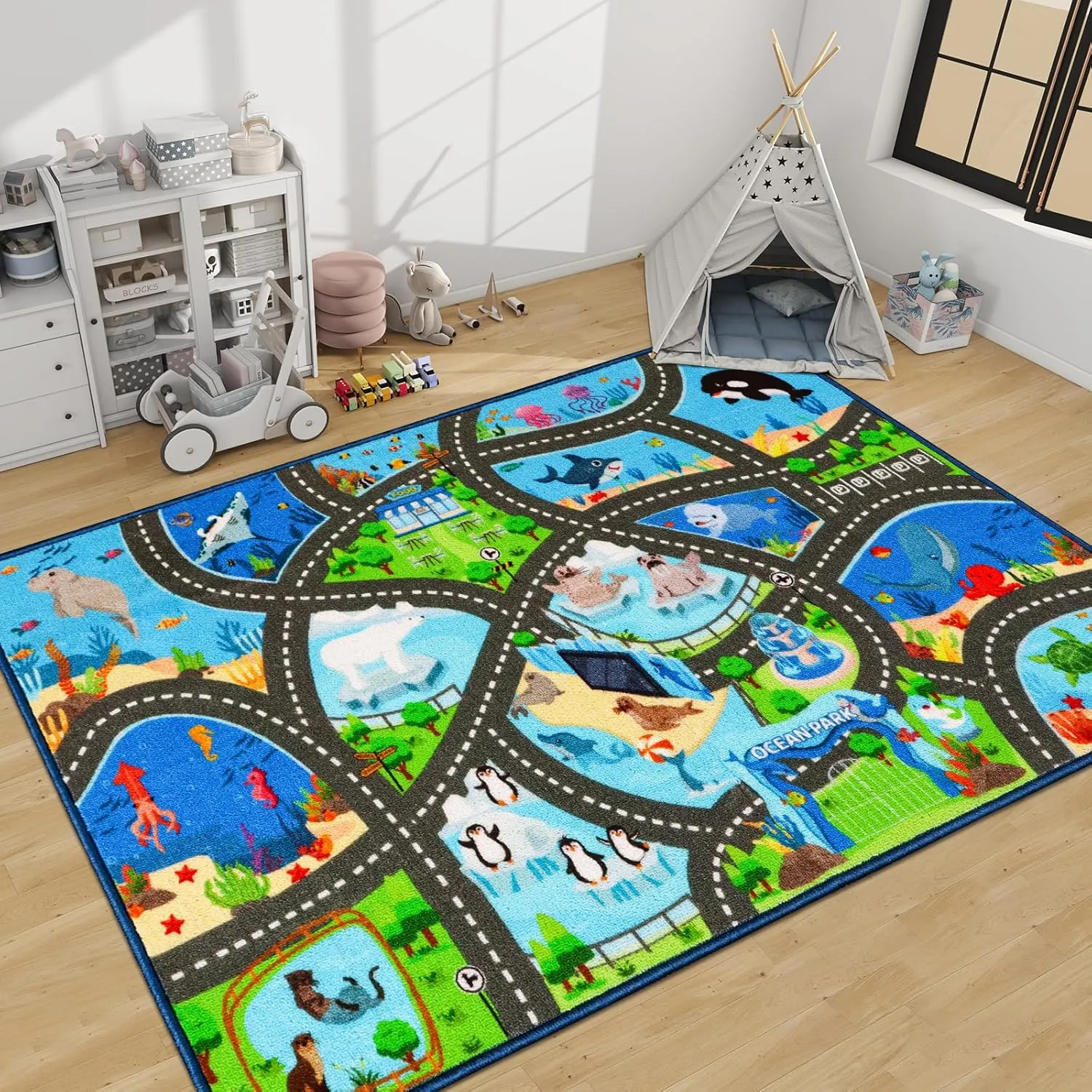 Kids Rug Playmat Rug,59"X39.4" Marine Animals Car Rugs for Kids Toy Cars,Non Slip Aquarium Road Map Kids Carpet for Playroom Bedroom Boys,Kids Play Mat Road Rug,Track Rug Car Play Carpet for Kids