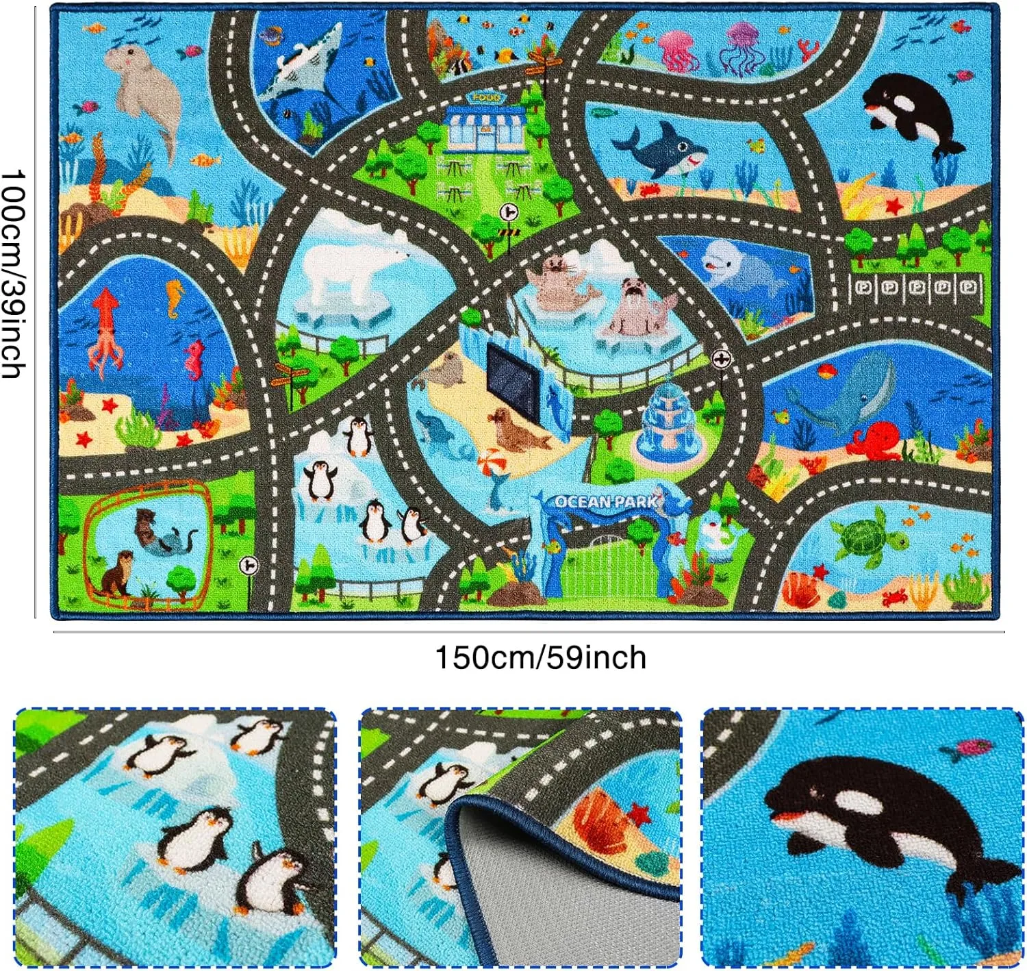 Kids Rug Playmat Rug,59"X39.4" Marine Animals Car Rugs for Kids Toy Cars,Non Slip Aquarium Road Map Kids Carpet for Playroom Bedroom Boys,Kids Play Mat Road Rug,Track Rug Car Play Carpet for Kids