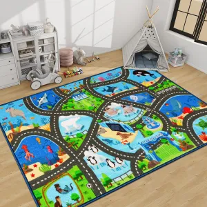 Kids Rug Playmat Rug,59"X39.4" Marine Animals Car Rugs for Kids Toy Cars,Non Slip Aquarium Road Map Kids Carpet for Playroom Bedroom Boys,Kids Play Mat Road Rug,Track Rug Car Play Carpet for Kids