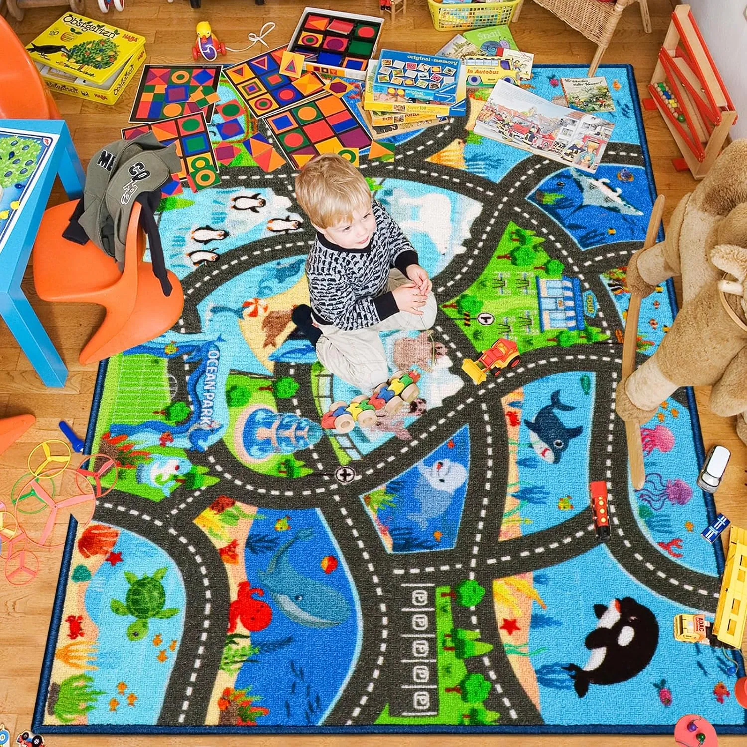 Kids Rug Playmat Rug,59"X39.4" Marine Animals Car Rugs for Kids Toy Cars,Non Slip Aquarium Road Map Kids Carpet for Playroom Bedroom Boys,Kids Play Mat Road Rug,Track Rug Car Play Carpet for Kids