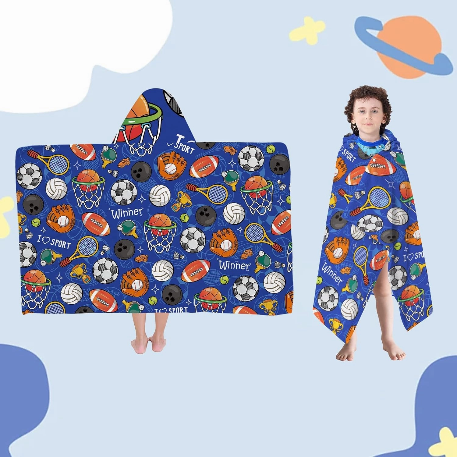 Kids Bath Towels, Soft Hooded Towel for Boys and Girls, Cozy Sports Towel, Blue Hooded Towels with Football Print for Pool, Beach, and Bathroom Use, Ideal Gift for Children