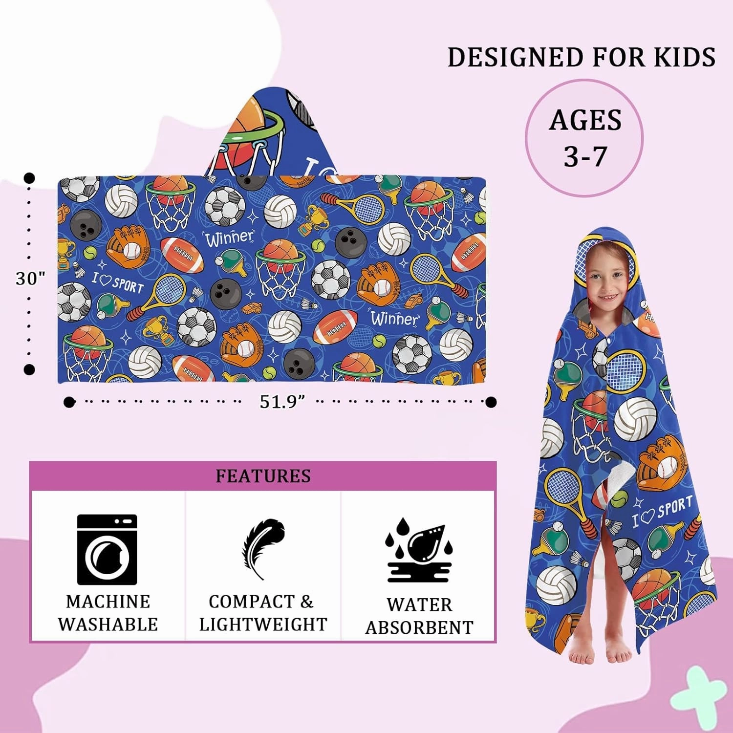 Kids Bath Towels, Soft Hooded Towel for Boys and Girls, Cozy Sports Towel, Blue Hooded Towels with Football Print for Pool, Beach, and Bathroom Use, Ideal Gift for Children