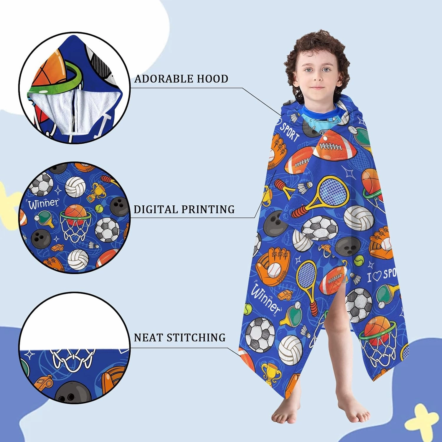 Kids Bath Towels, Soft Hooded Towel for Boys and Girls, Cozy Sports Towel, Blue Hooded Towels with Football Print for Pool, Beach, and Bathroom Use, Ideal Gift for Children