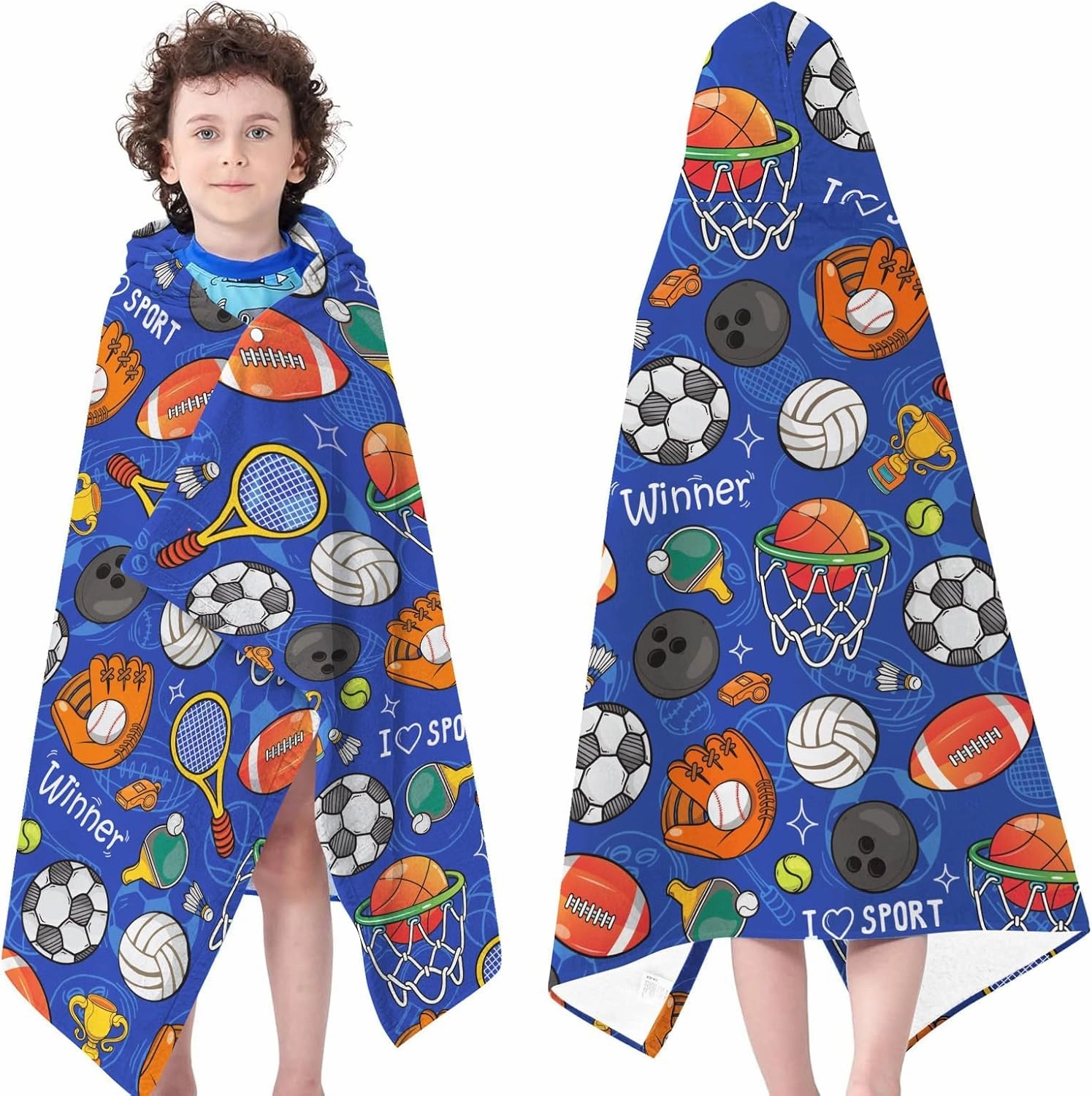 Kids Bath Towels, Soft Hooded Towel for Boys and Girls, Cozy Sports Towel, Blue Hooded Towels with Football Print for Pool, Beach, and Bathroom Use, Ideal Gift for Children