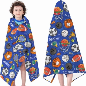 Kids Bath Towels, Soft Hooded Towel for Boys and Girls, Cozy Sports Towel, Blue Hooded Towels with Football Print for Pool, Beach, and Bathroom Use, Ideal Gift for Children