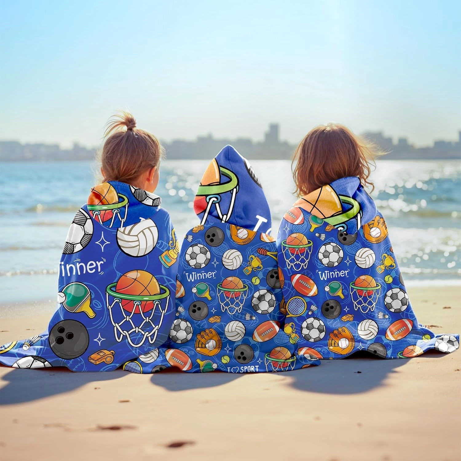 Kids Bath Towels, Soft Hooded Towel for Boys and Girls, Cozy Sports Towel, Blue Hooded Towels with Football Print for Pool, Beach, and Bathroom Use, Ideal Gift for Children