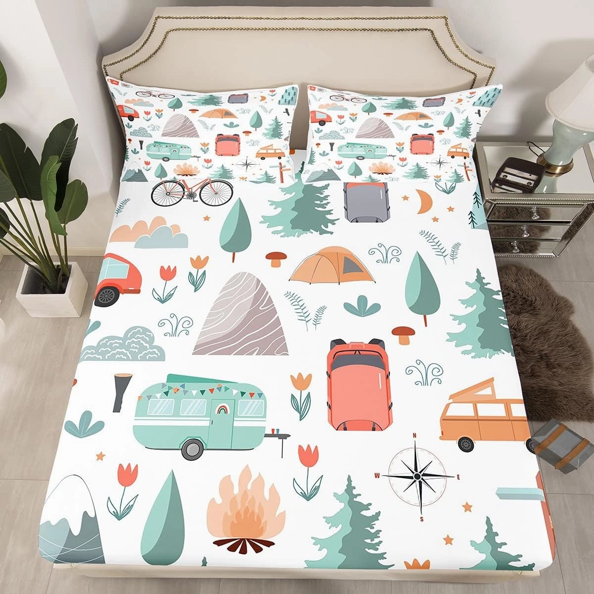 Kids Camper Car Bed Sheets Set King 4Pcs, Happy Camping Sheet Set, Travel Car Rv Accessories Sheets, Woodland Flowers Blossom Mountain Adventure Bed Set, Cute Camper Flat Fitted Sheet Bedroom Decor