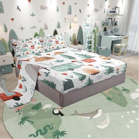 Kids Camper Theme Bed Sheets Set Full 4Pcs, Happy Camping Bedding Set, Travel Car Rv Accessories Sheets, Botanical Flowers Mountain Adventure Top Sheet, Cute Camper Flat Fitted Sheet Bedroom Decor