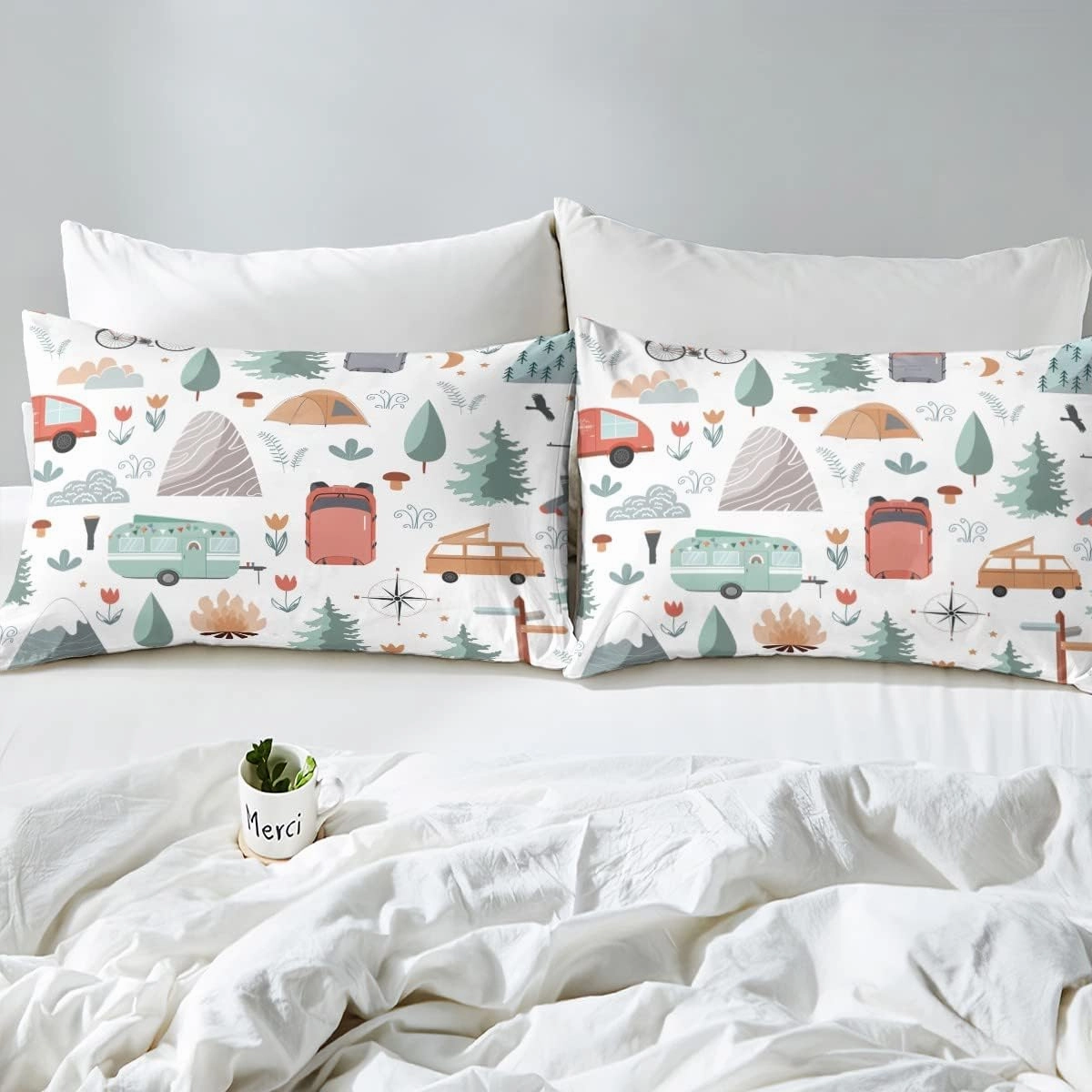 Kids Camper Theme Bed Sheets Set Full 4Pcs, Happy Camping Bedding Set, Travel Car Rv Accessories Sheets, Botanical Flowers Mountain Adventure Top Sheet, Cute Camper Flat Fitted Sheet Bedroom Decor