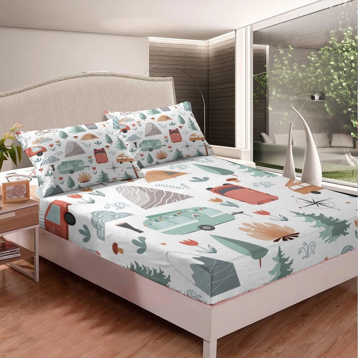 Kids Camper Theme Bed Sheets Set Full 4Pcs, Happy Camping Bedding Set, Travel Car Rv Accessories Sheets, Botanical Flowers Mountain Adventure Top Sheet, Cute Camper Flat Fitted Sheet Bedroom Decor