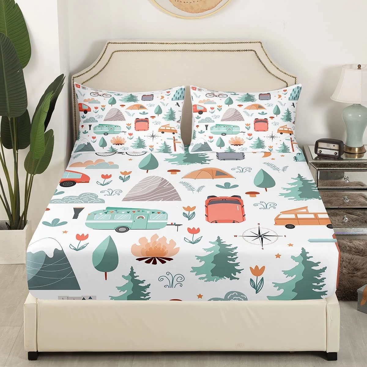 Kids Camper Theme Bed Sheets Set Full 4Pcs, Happy Camping Bedding Set, Travel Car Rv Accessories Sheets, Botanical Flowers Mountain Adventure Top Sheet, Cute Camper Flat Fitted Sheet Bedroom Decor