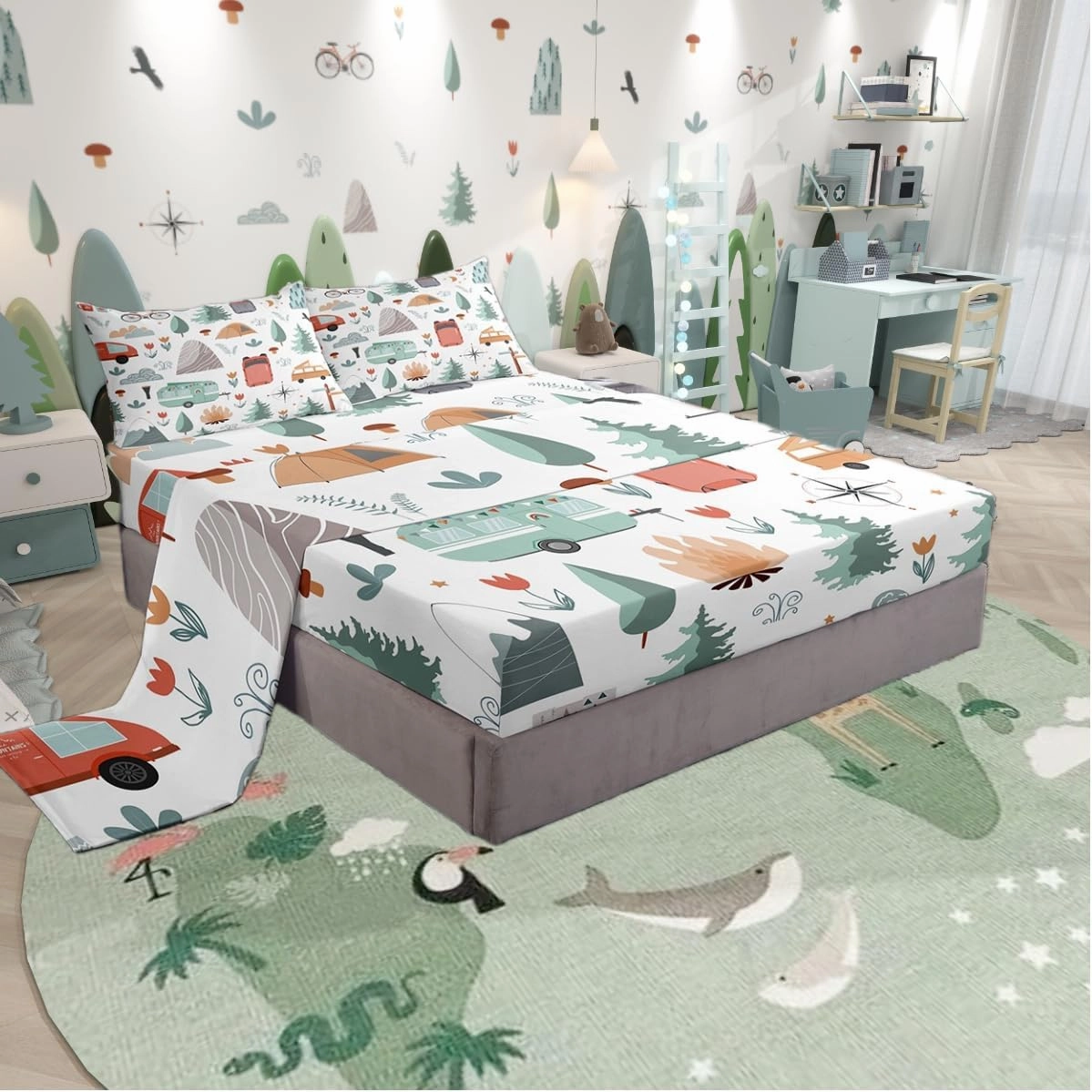 Kids Camper Theme Bed Sheets Set Full 4Pcs, Happy Camping Bedding Set, Travel Car Rv Accessories Sheets, Botanical Flowers Mountain Adventure Top Sheet, Cute Camper Flat Fitted Sheet Bedroom Decor