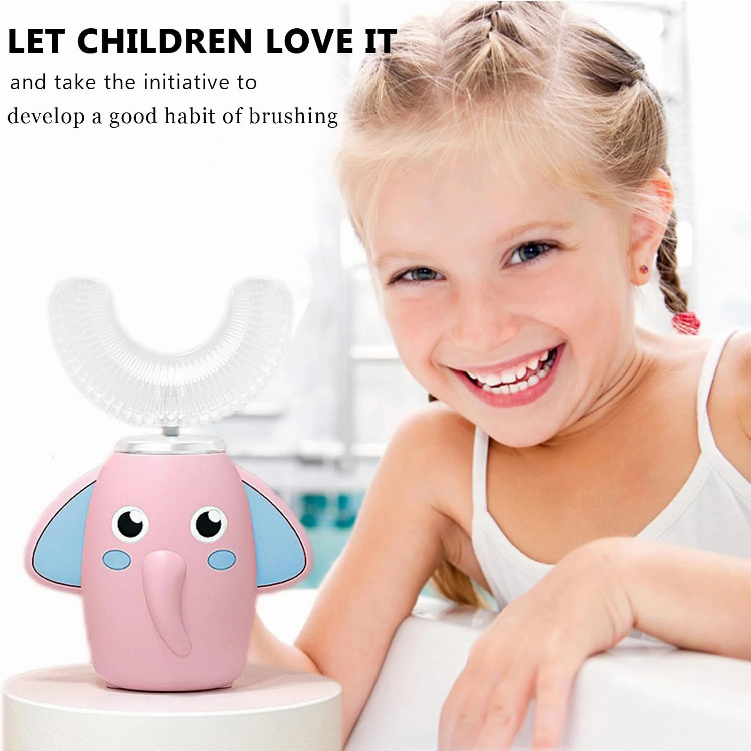 Kids Electric Toothbrush U-Shaped Ultrasonic IPX7 Waterproof Design with 2 Brush Head 3 Modes, 360° Full Mouth Cleaning Automatic Children Toothbrush for 2-12 Years Old (Pink, 2-12 Age)