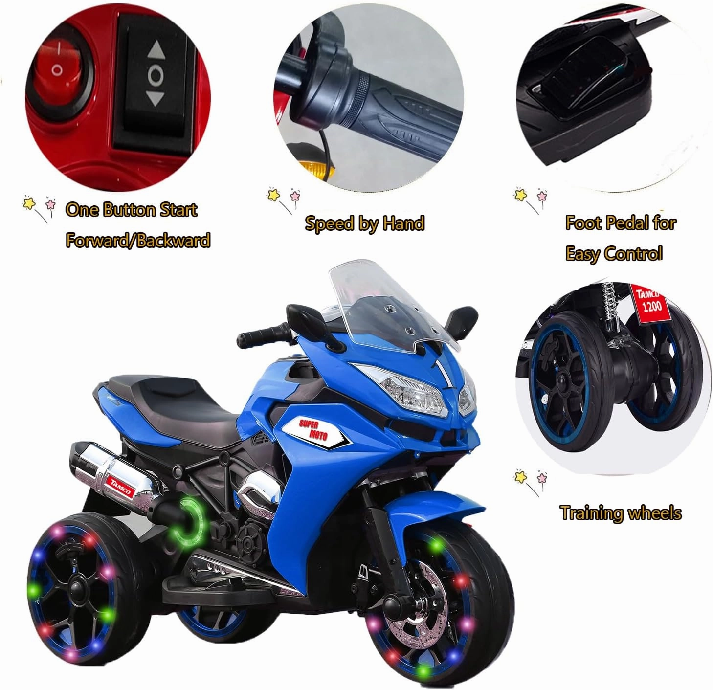 Kids Ride On Motorcycle,12V 4.5AH Battery Powered Ride On Motorcycle,550W Motor,1.8-3.2 Mph Speed,Electric Motorcycle w/Training Wheels with Light, Manual Throttle,Led Lights, Music,USB,Mp3 Blue