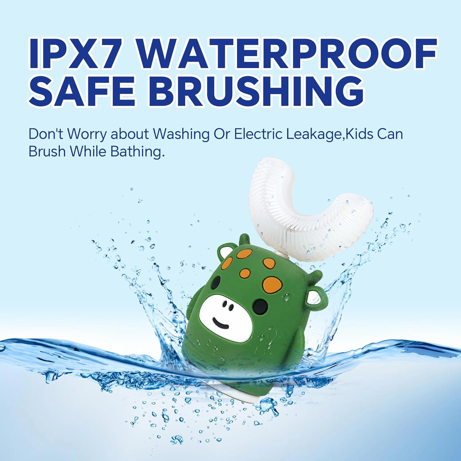 Kids Sonic Electric Toothbrush U Shaped Automatic Timer IPX7 Waterproof 5 Modes 360° Oral Cleaning Teeth Whitening Gums Massage Replaceable Soft Cartoon for 2-7 (Green Cow)