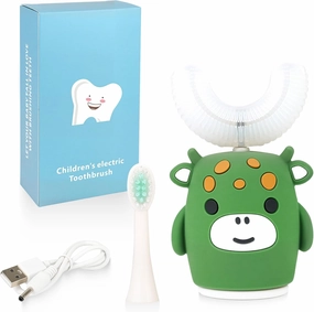 Kids Sonic Electric Toothbrush U Shaped Automatic Timer IPX7 Waterproof 5 Modes 360° Oral Cleaning Teeth Whitening Gums Massage Replaceable Soft Cartoon for 2-7 (Green Cow)