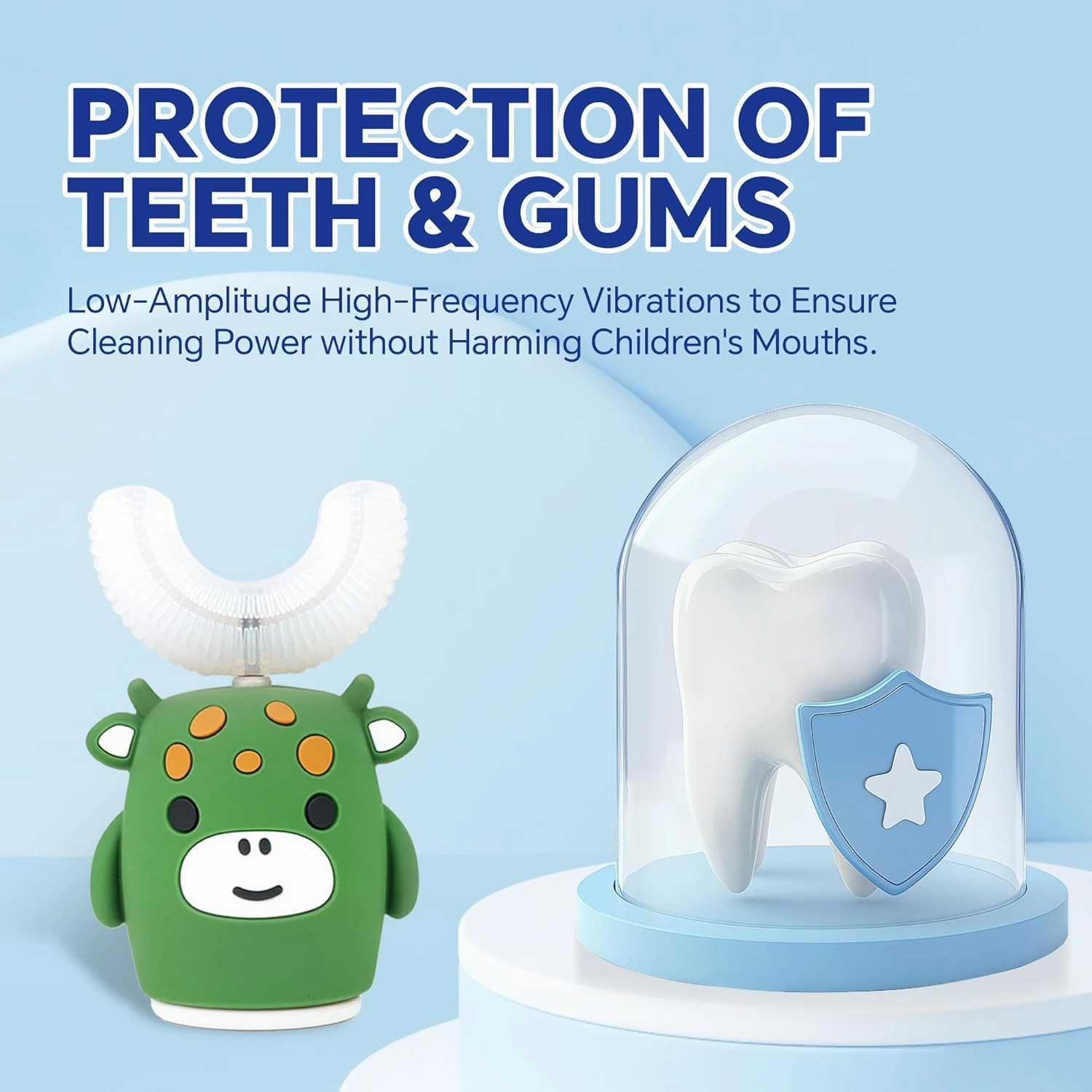 Kids Sonic Electric Toothbrush U Shaped Automatic Timer IPX7 Waterproof 5 Modes 360° Oral Cleaning Teeth Whitening Gums Massage Replaceable Soft Cartoon for 2-7 (Green Cow)