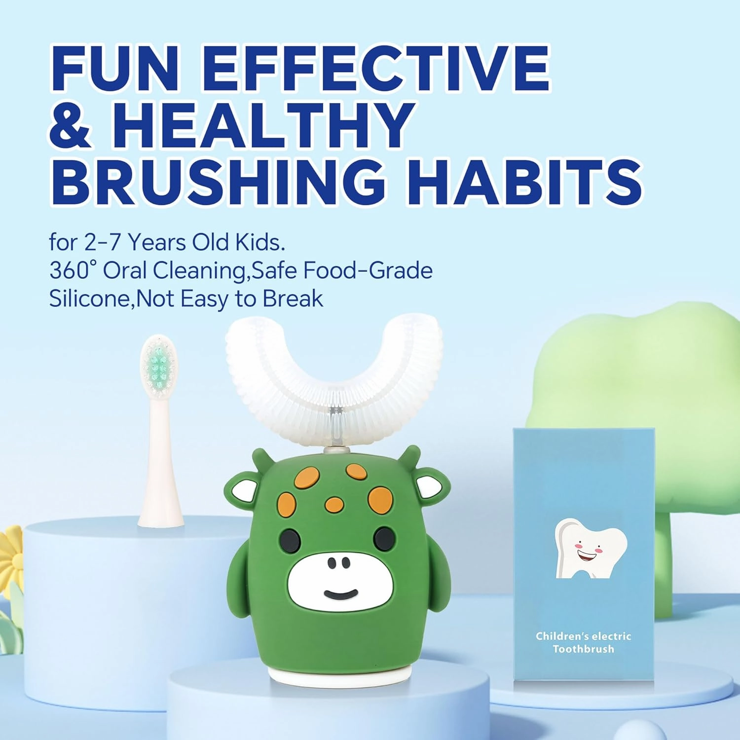 Kids Sonic Electric Toothbrush U Shaped Automatic Timer IPX7 Waterproof 5 Modes 360° Oral Cleaning Teeth Whitening Gums Massage Replaceable Soft Cartoon for 2-7 (Green Cow)