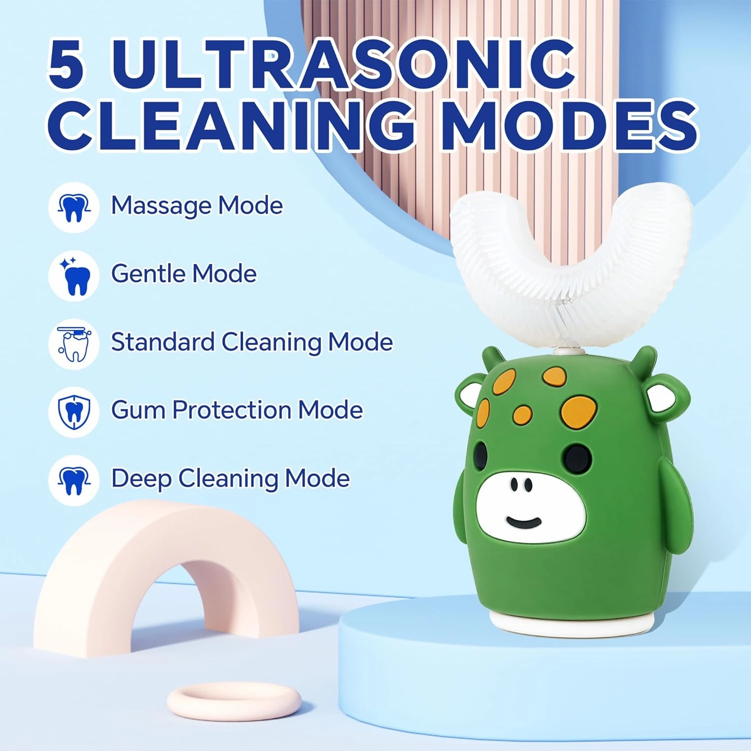 Kids Sonic Electric Toothbrush U Shaped Automatic Timer IPX7 Waterproof 5 Modes 360° Oral Cleaning Teeth Whitening Gums Massage Replaceable Soft Cartoon for 2-7 (Green Cow)
