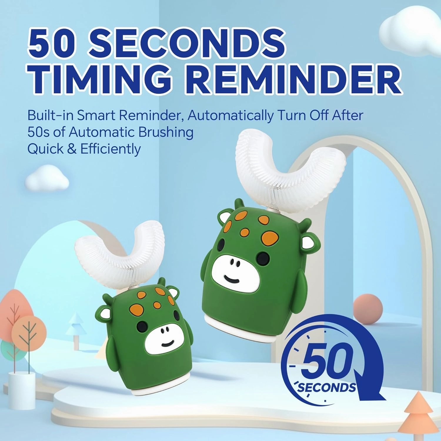 Kids Sonic Electric Toothbrush U Shaped Automatic Timer IPX7 Waterproof 5 Modes 360° Oral Cleaning Teeth Whitening Gums Massage Replaceable Soft Cartoon for 2-7 (Green Cow)