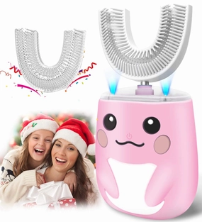 Kids U Shape Electric Toothbrushes Ultrasonic Whole Mouth Auto Toothbrush with 6 Cleaning Modes 2 Brush Heads Brushing Timer Lights IPX7 Waterproof Rechargeable Cartoon Design for Ages 2-6